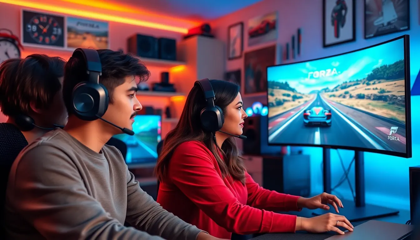 diverse gamers engaged in a high-speed racing game setup.